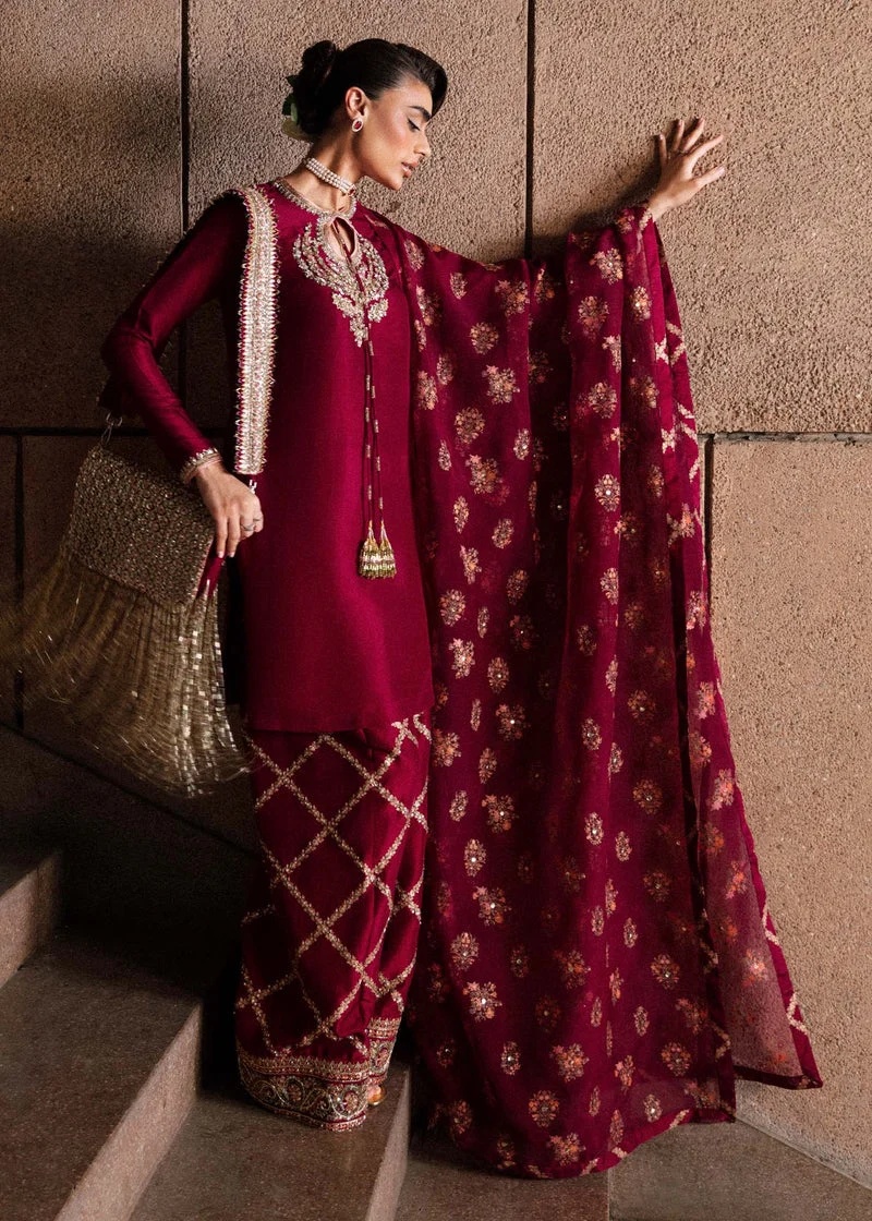 Merlot pakistani fashion outfit in burgundy, gold, pink, maroon…