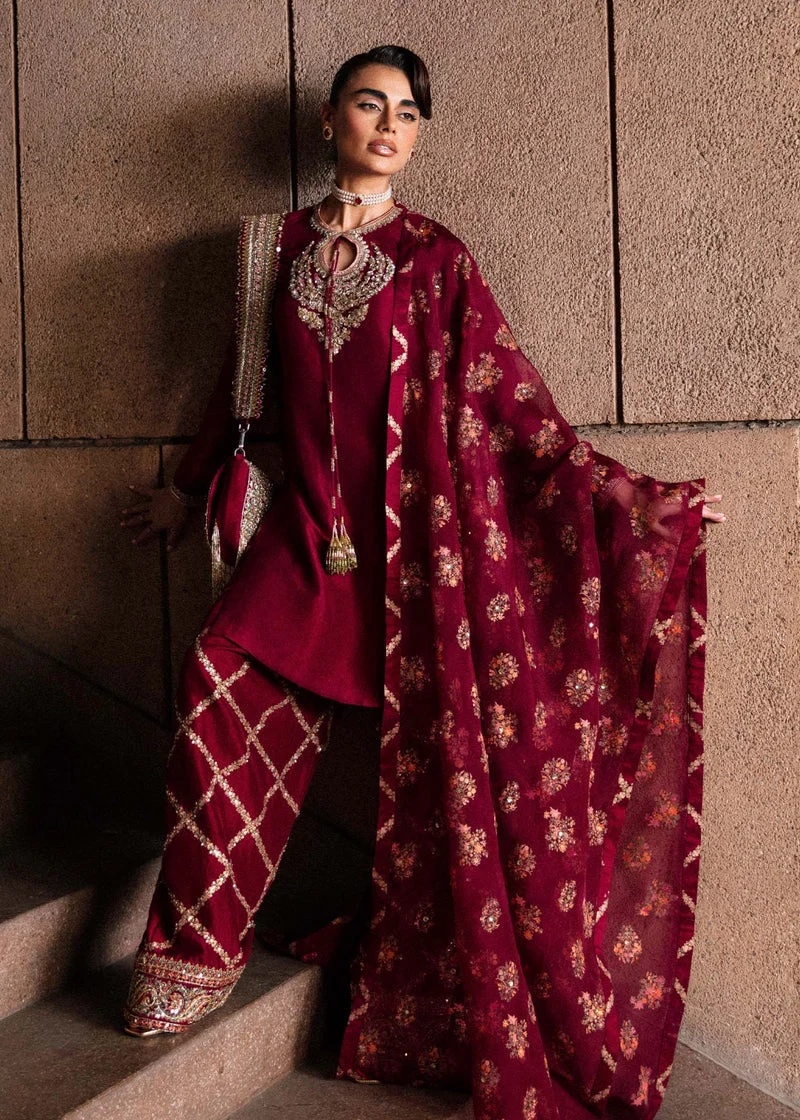 Merlot pakistani fashion outfit in burgundy, gold, pink, maroon…