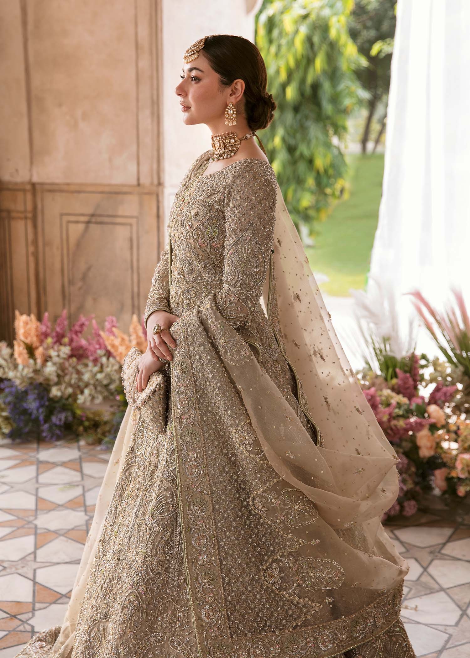 Minha pakistani fashion outfit in beige, gold tones.