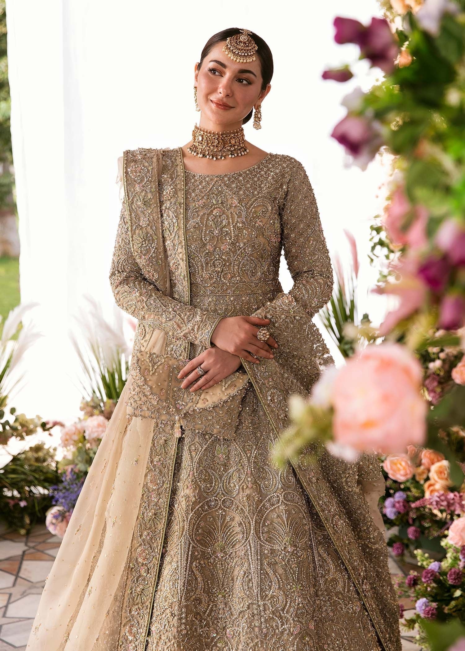 Minha pakistani fashion outfit in beige, gold tones.