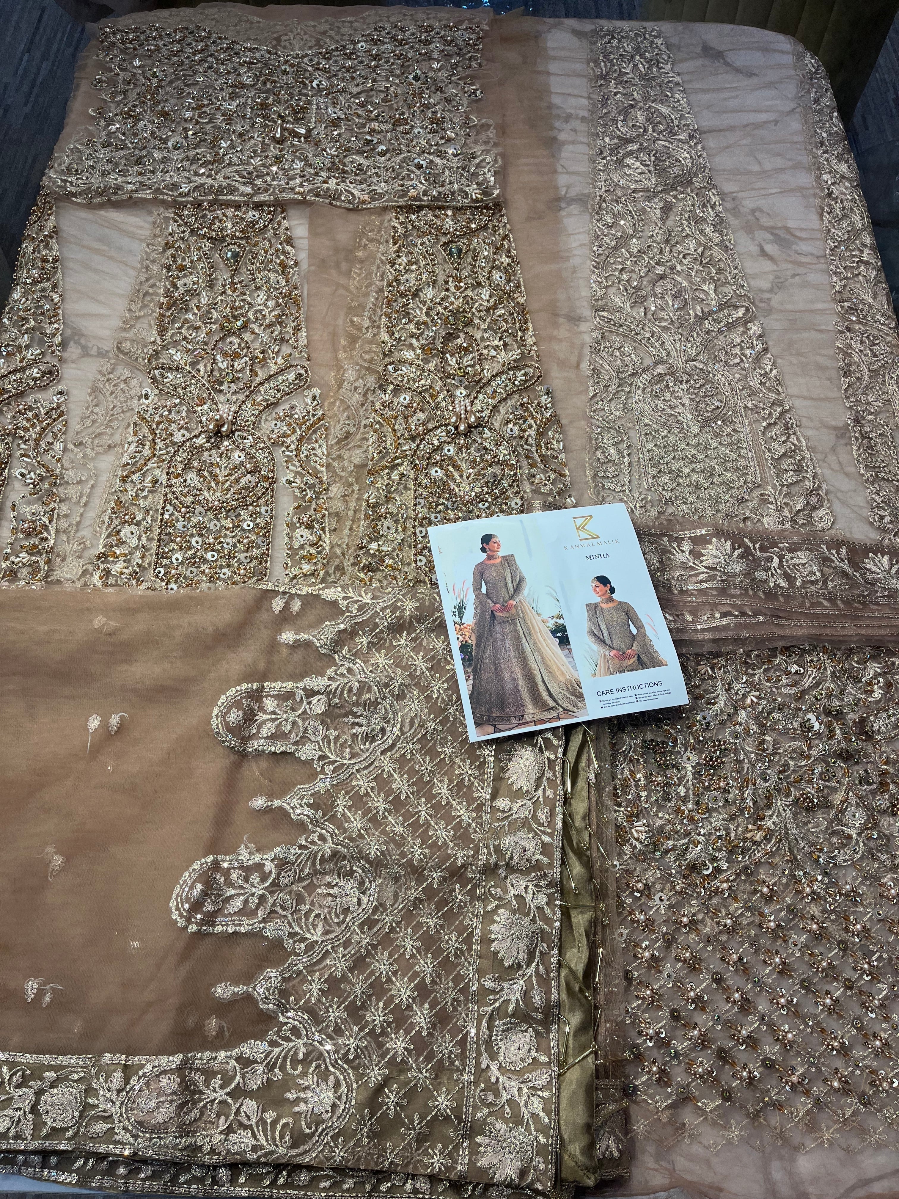 Minha pakistani fashion outfit in beige, gold tones.