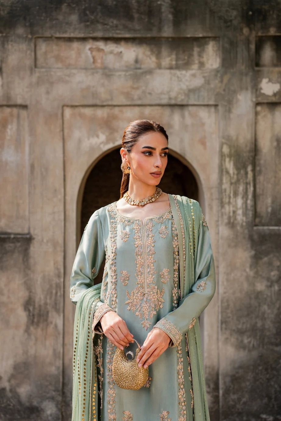 Nayab Pakistani fashion outfit in green, mint, pink tones.
