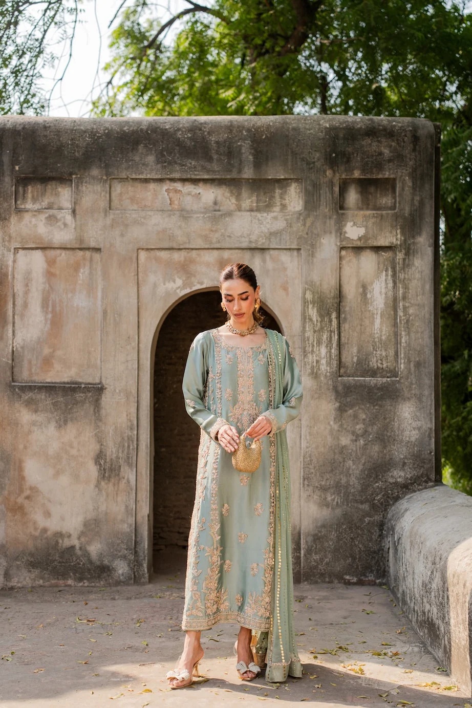Nayab Pakistani fashion outfit in green, mint, pink tones.