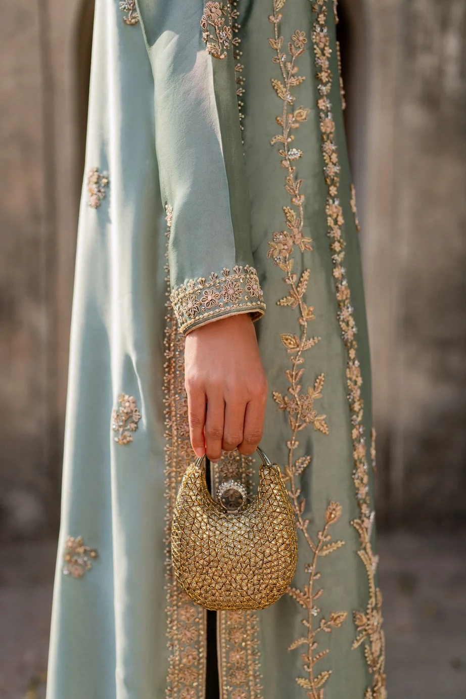 Nayab Pakistani fashion outfit in green, mint, pink tones.