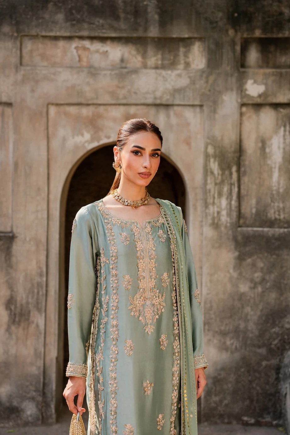 Nayab Pakistani fashion outfit in green, mint, pink tones.