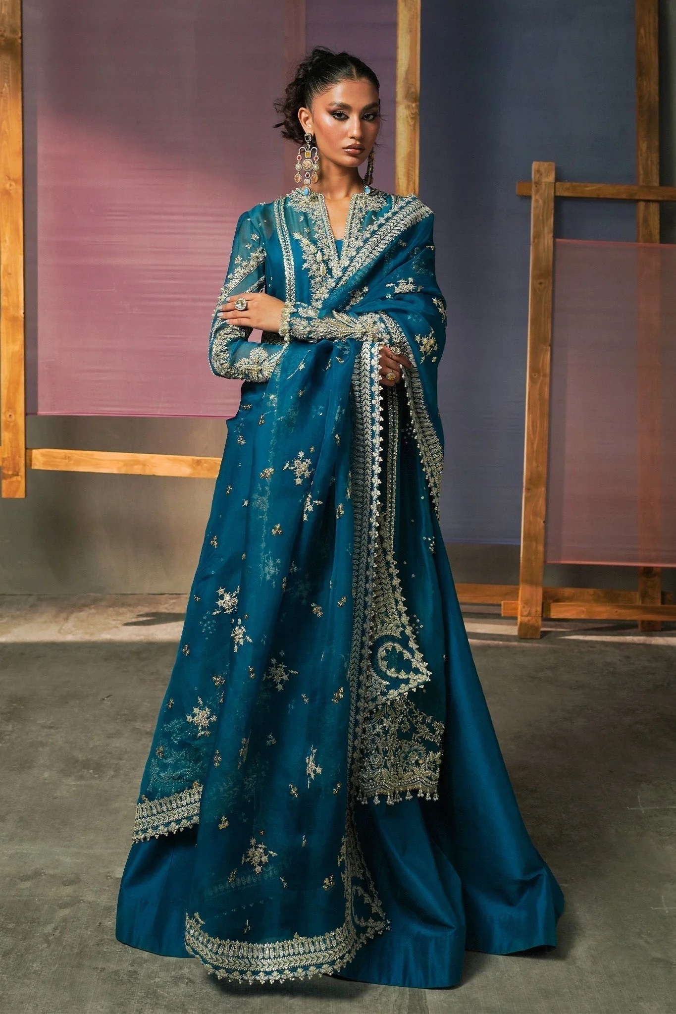 RUMI pakistani fashion outfit in blue, teal tones.