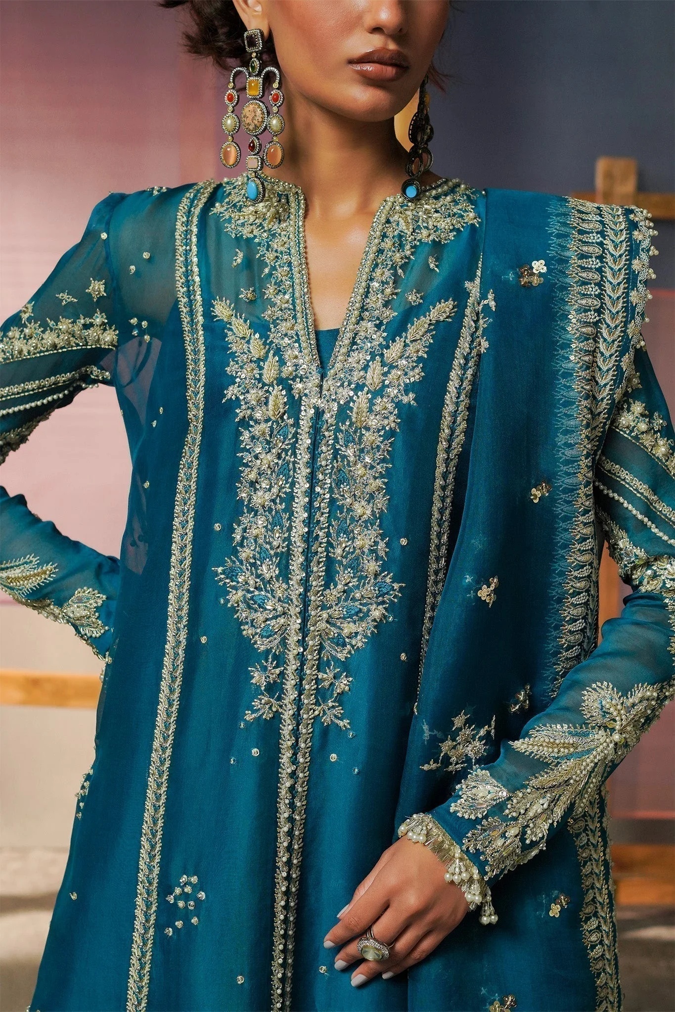 RUMI pakistani fashion outfit in blue, teal tones.