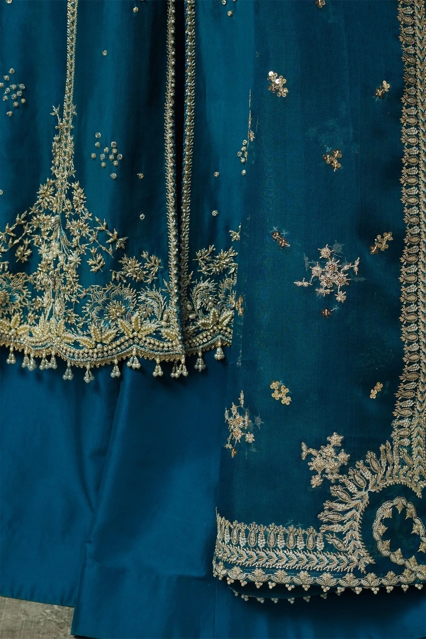 RUMI pakistani fashion outfit in blue, teal tones.
