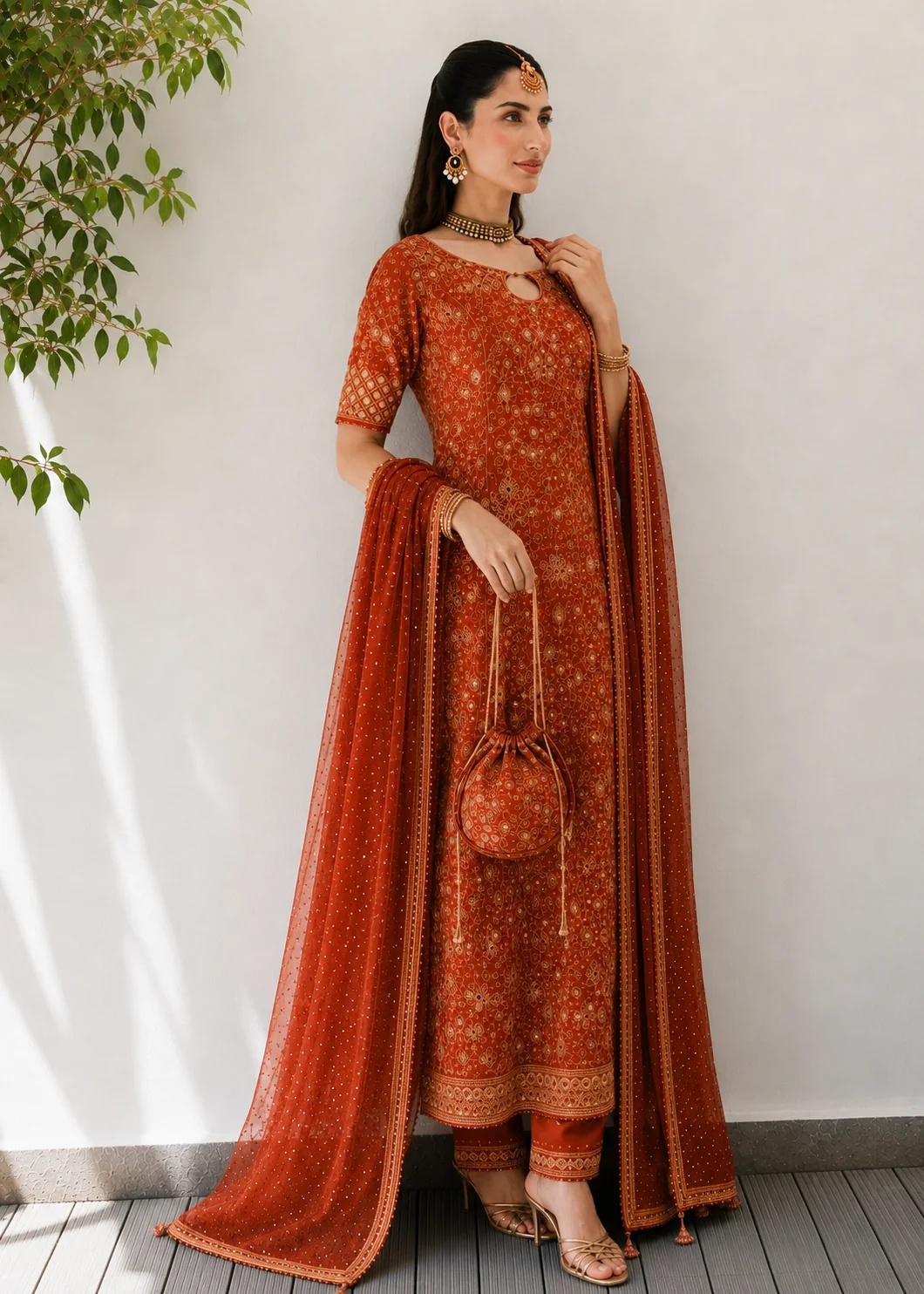 Rust-Orange Pakistani fashion outfit in orange, rust tones.