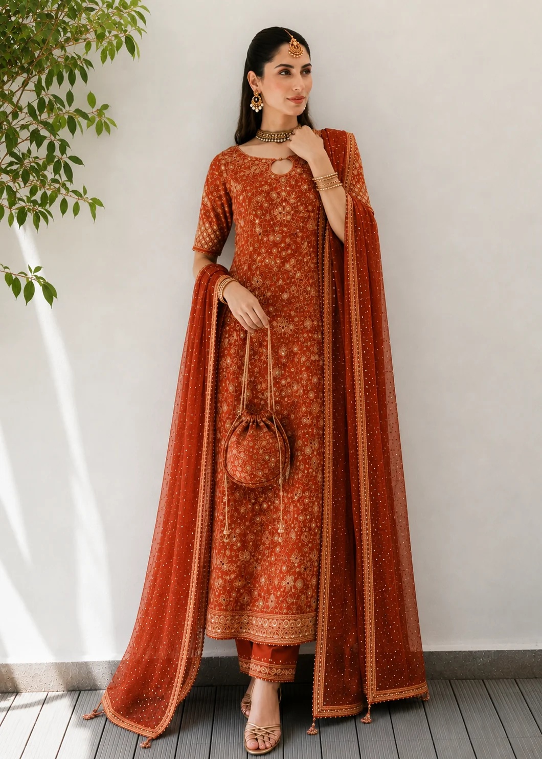 Rust-Orange Pakistani fashion outfit in orange, rust tones.