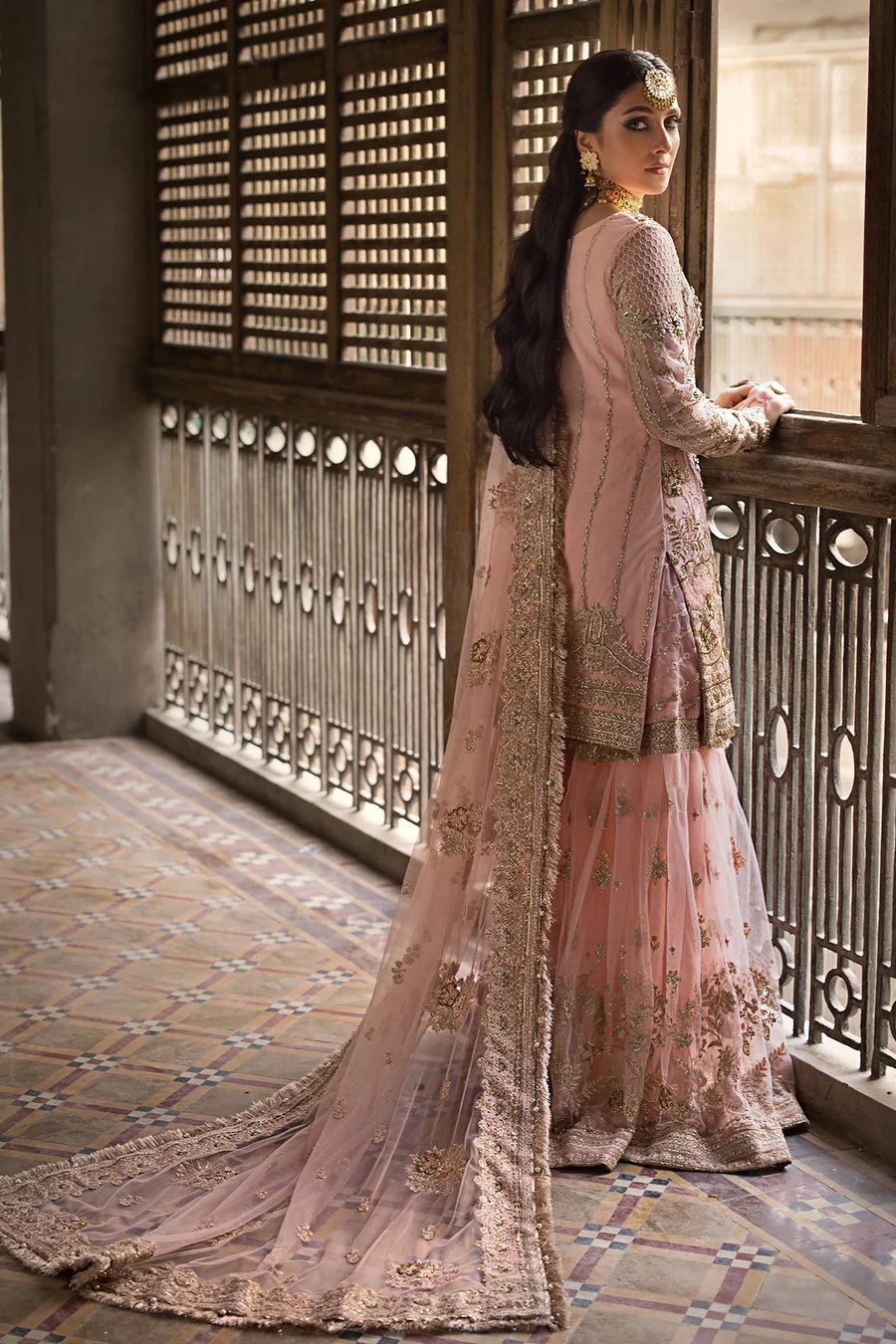 SAHIBA pakistani fashion outfit in gold, pink tones.