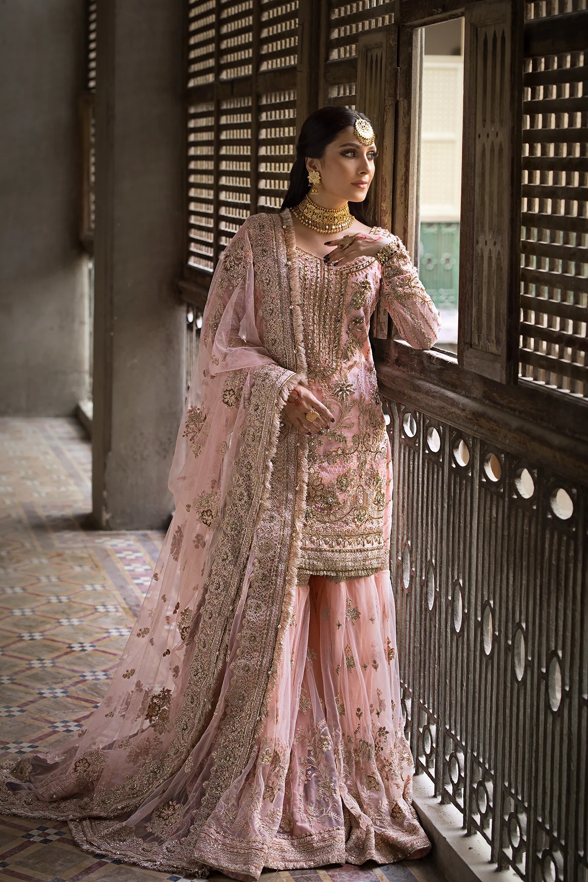 SAHIBA pakistani fashion outfit in gold, pink tones.