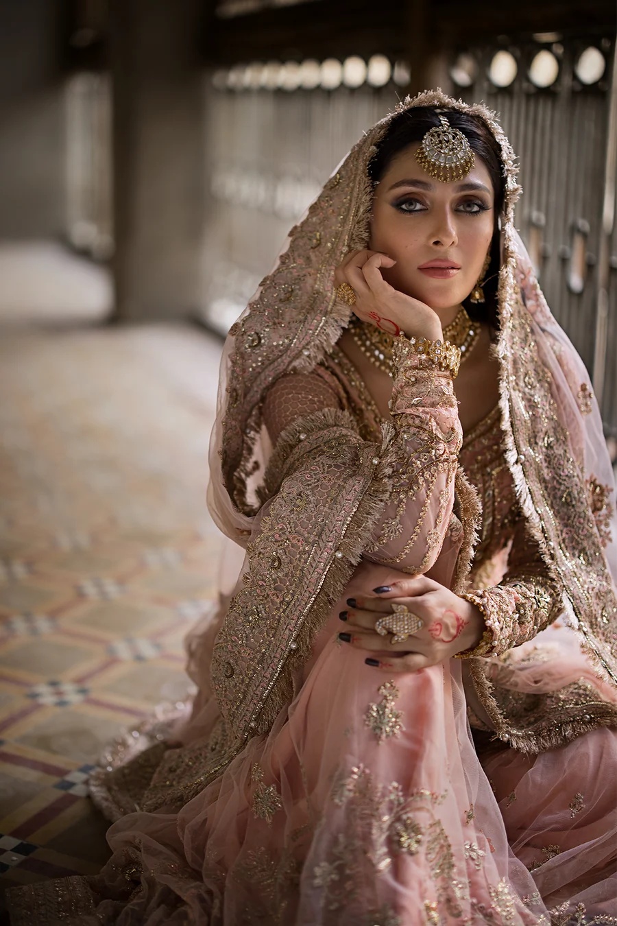SAHIBA pakistani fashion outfit in gold, pink tones.