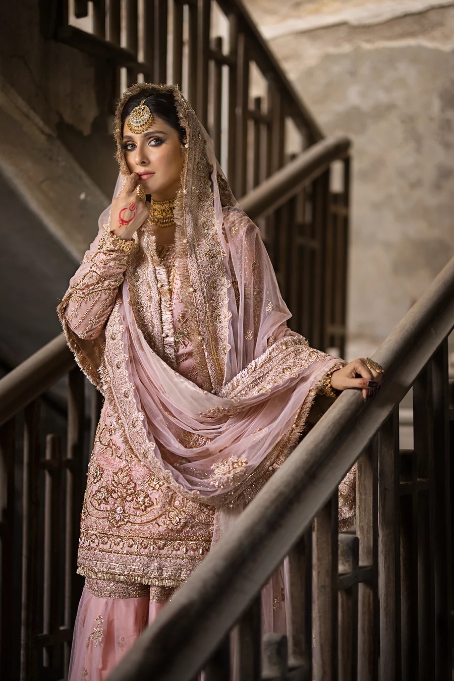 SAHIBA pakistani fashion outfit in gold, pink tones.