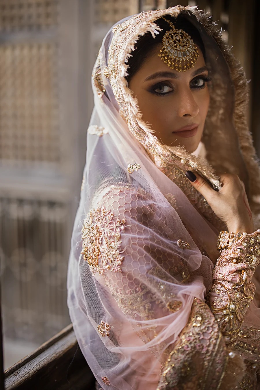 SAHIBA pakistani fashion outfit in gold, pink tones.