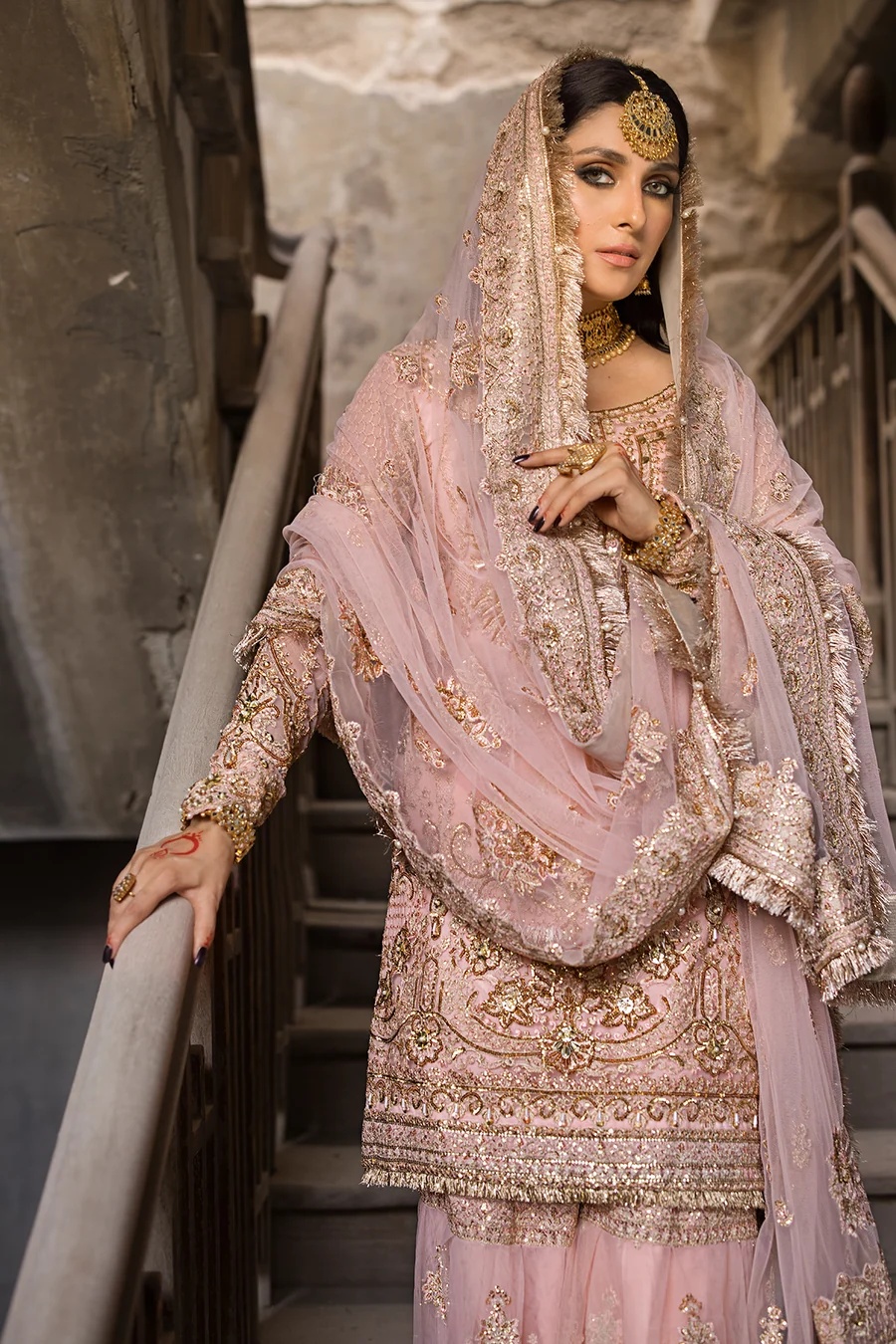 SAHIBA pakistani fashion outfit in gold, pink tones.