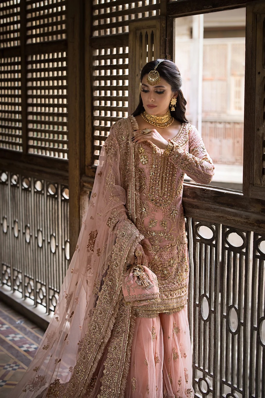 SAHIBA pakistani fashion outfit in gold, pink tones.