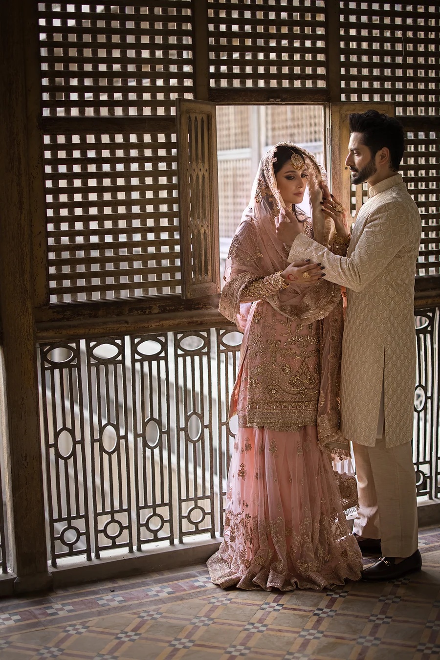 SAHIBA pakistani fashion outfit in gold, pink tones.