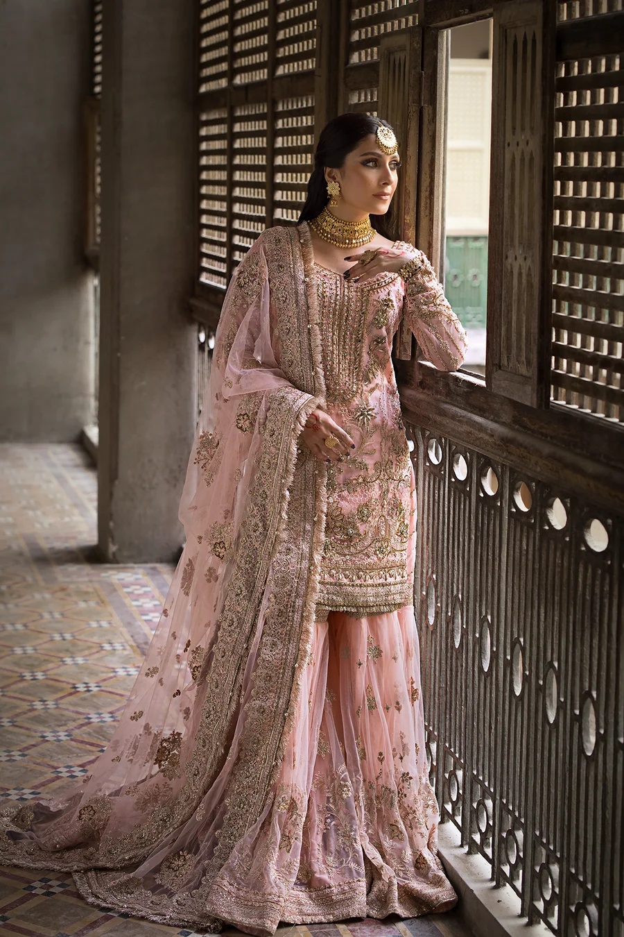 SAHIBA pakistani fashion outfit in gold, pink tones.