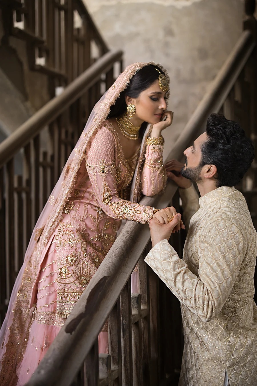 SAHIBA pakistani fashion outfit in gold, pink tones.