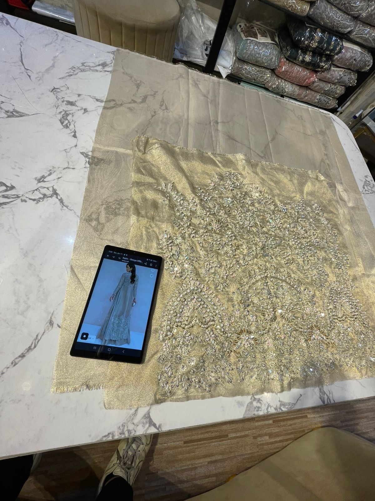 SAPIA pakistani fashion outfit in gold, silver tones.