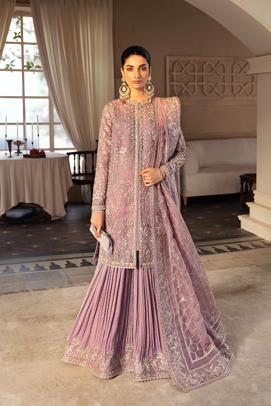 SEHR Pakistani fashion outfit in mauve tones.