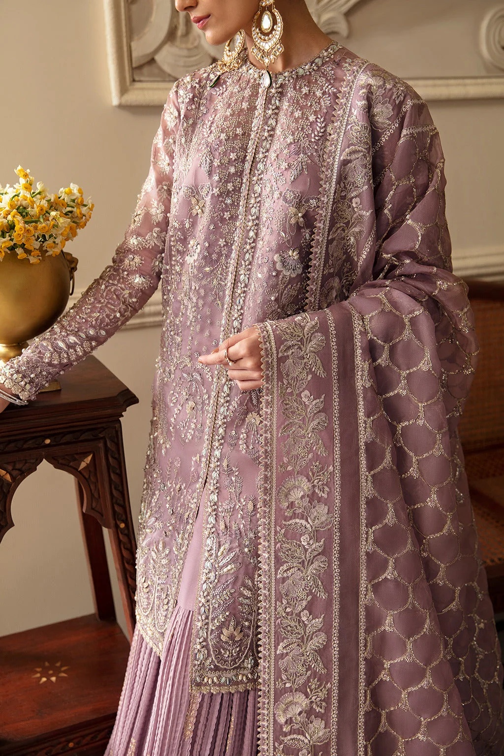 SEHR Pakistani fashion outfit in mauve tones.