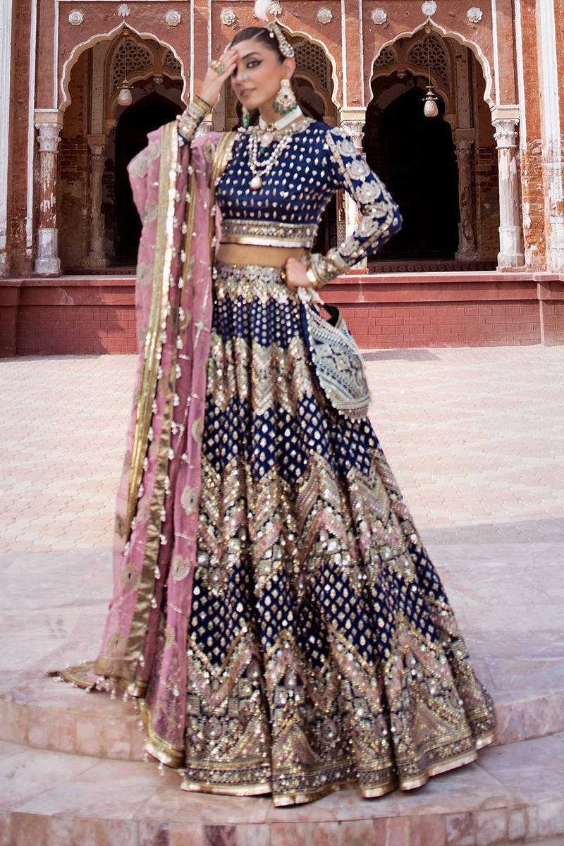 SHAHTAJ pakistani fashion outfit in blue tones.