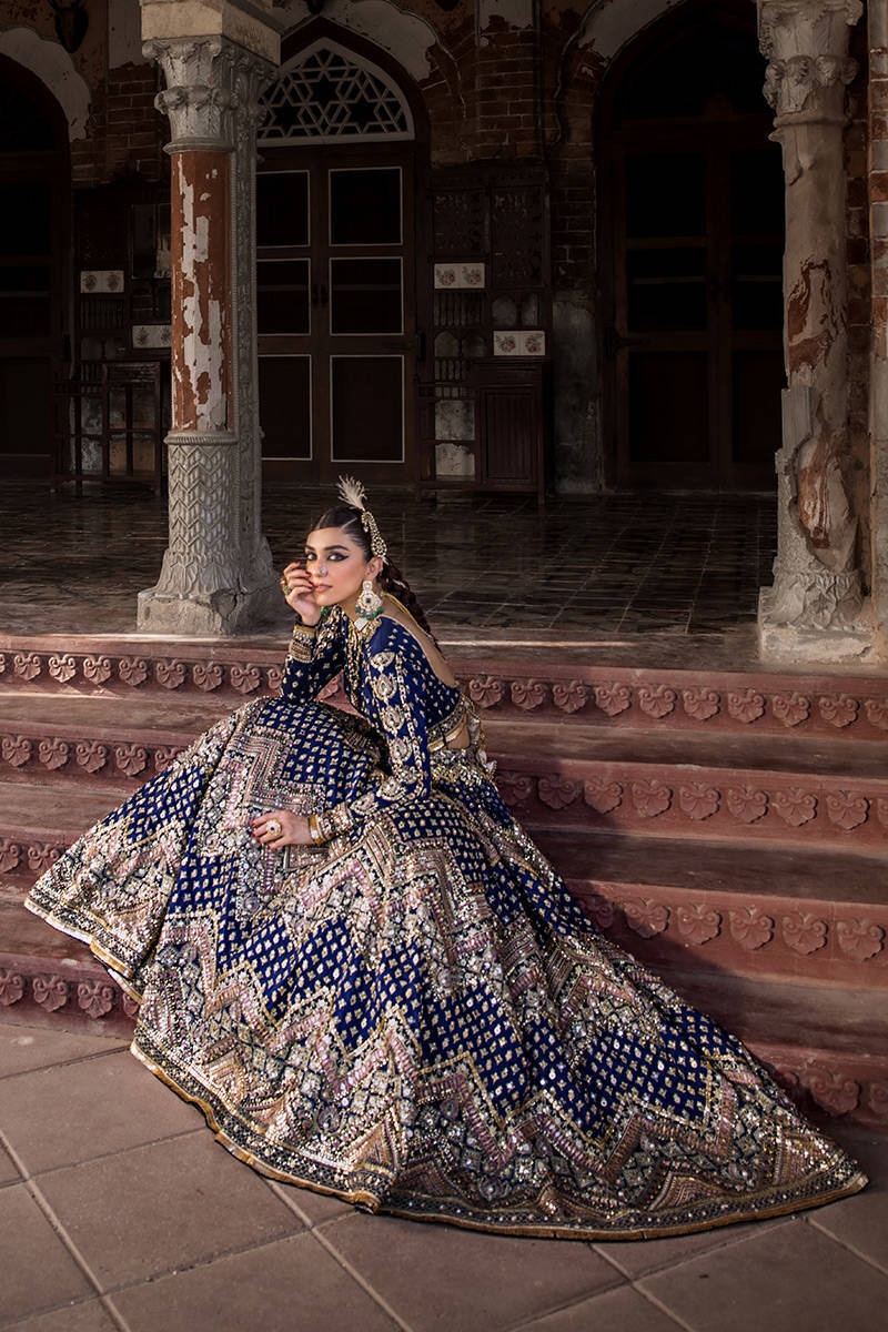 SHAHTAJ pakistani fashion outfit in blue tones.
