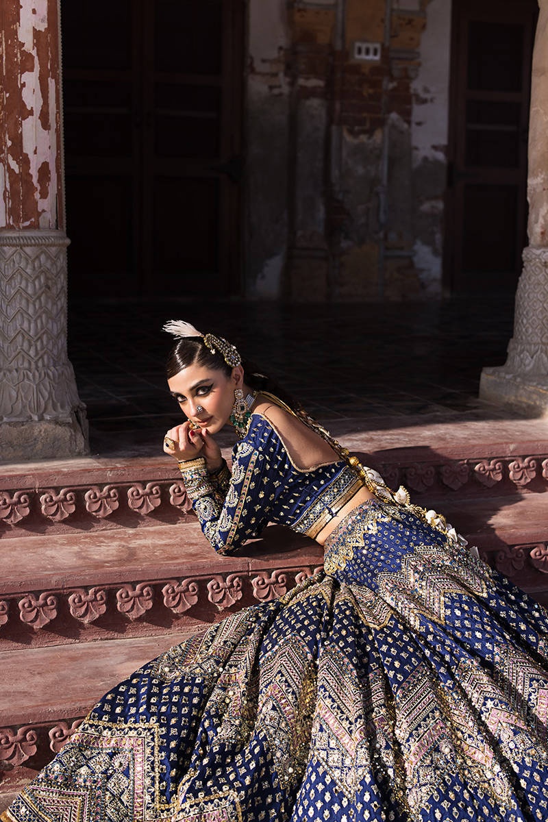 SHAHTAJ pakistani fashion outfit in blue tones.