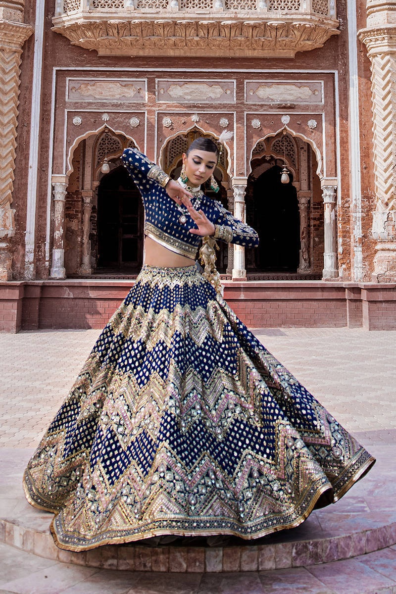 SHAHTAJ pakistani fashion outfit in blue tones.