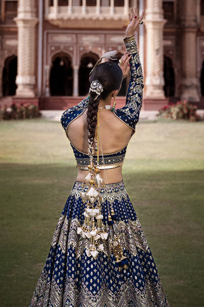 SHAHTAJ pakistani fashion outfit in blue tones.