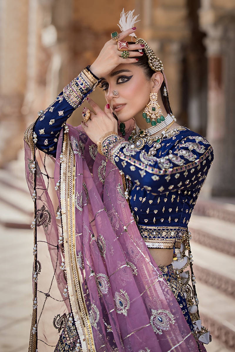 SHAHTAJ pakistani fashion outfit in blue tones.