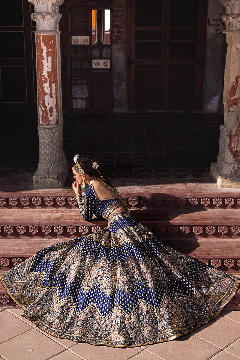 SHAHTAJ pakistani fashion outfit in blue tones.