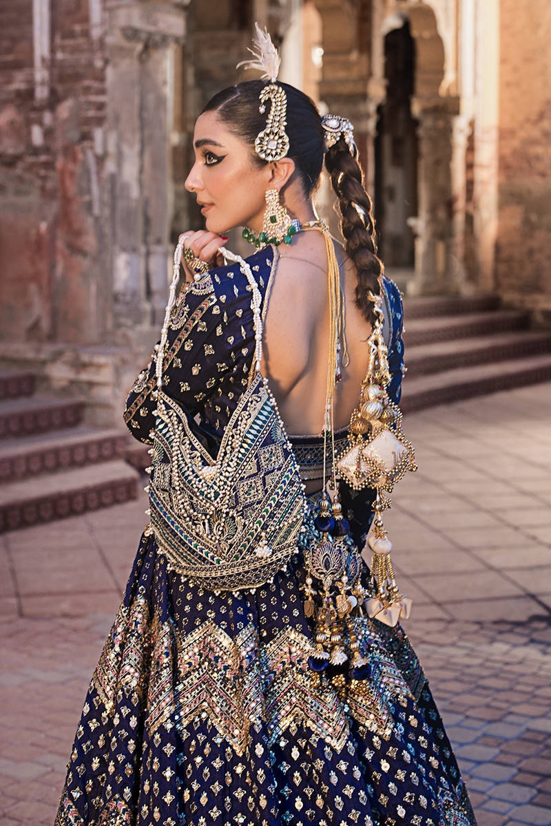 SHAHTAJ pakistani fashion outfit in blue tones.