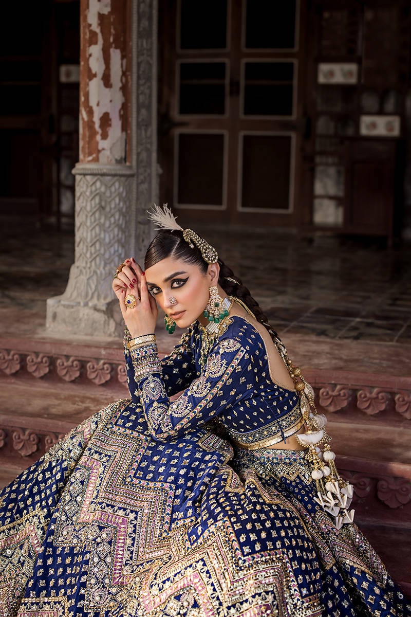 SHAHTAJ pakistani fashion outfit in blue tones.