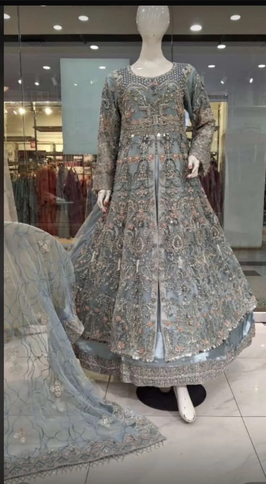 Saleha Pakistani fashion outfit in blue tones.
