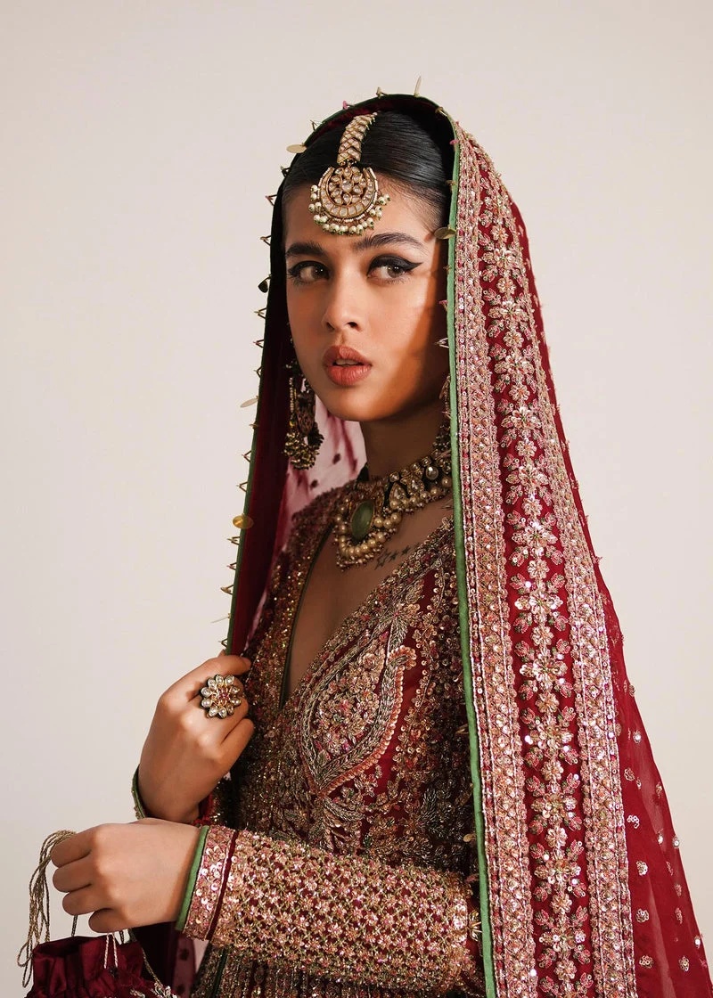 Sarang Pakistani fashion outfit in red, green tones.