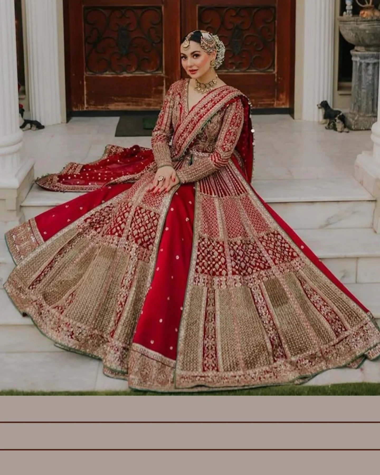 Sarang Pakistani fashion outfit in red, green tones.