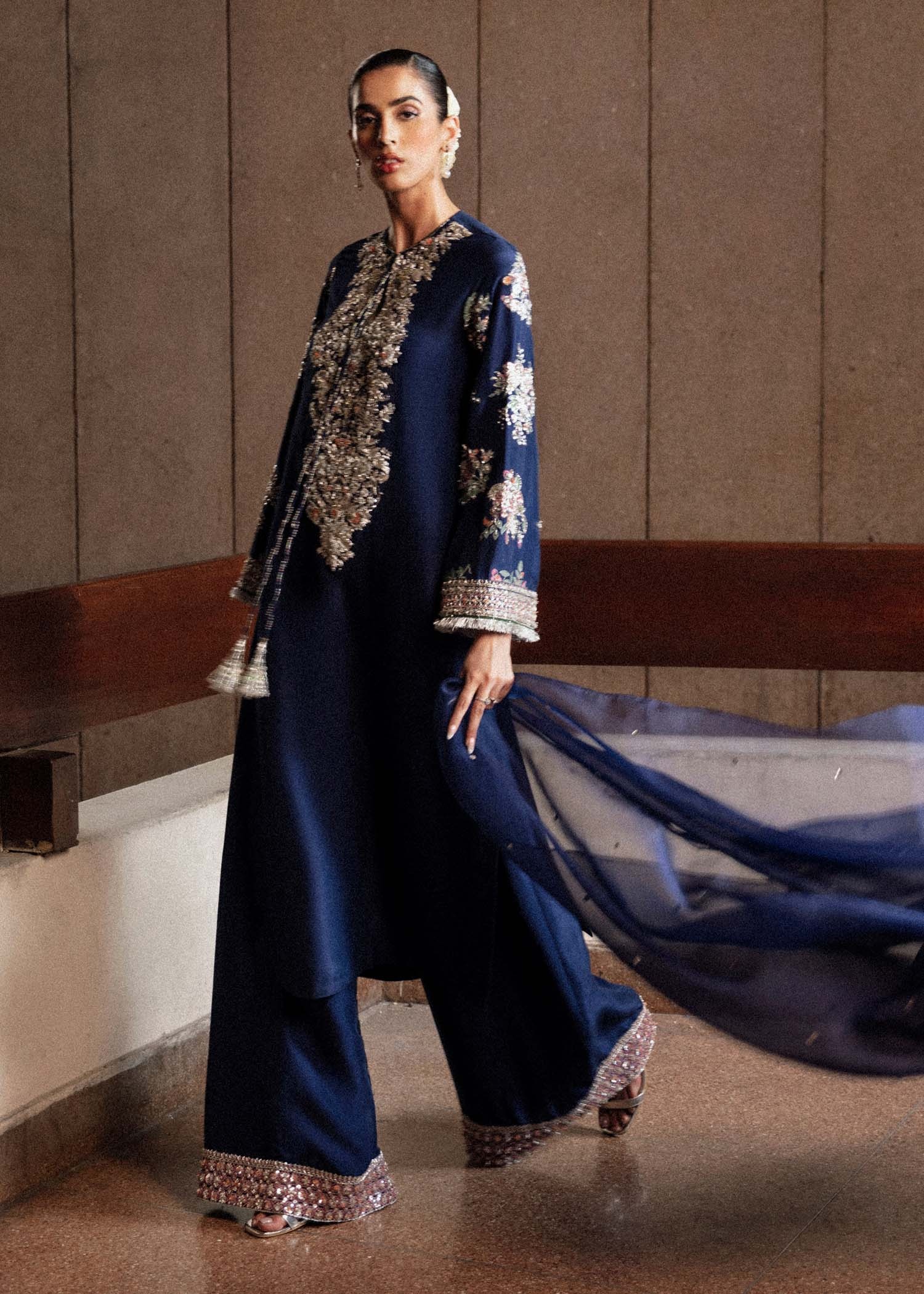 Saxe Pakistani fashion outfit in blue, navy, orange, pink, red…