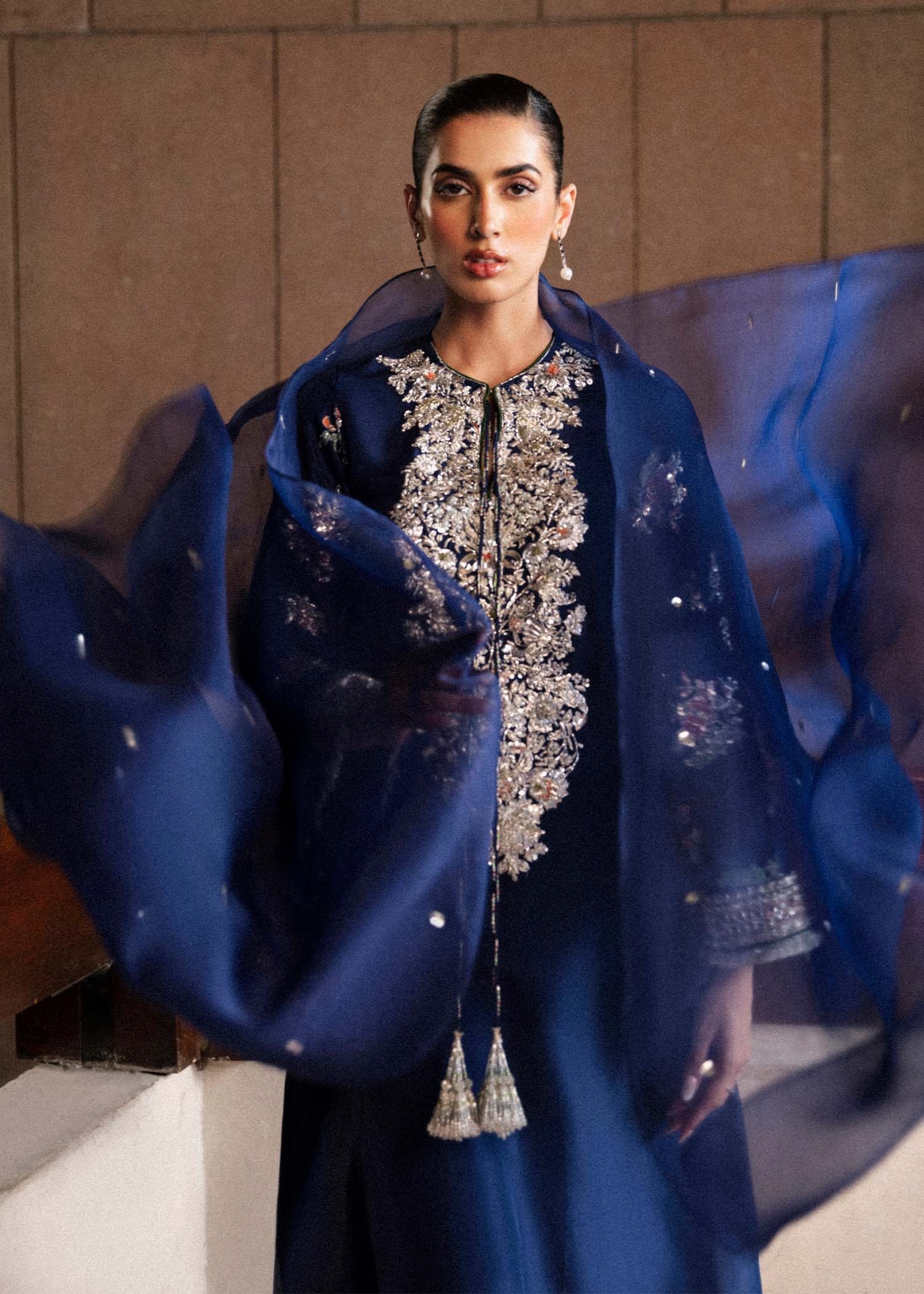 Saxe Pakistani fashion outfit in blue, navy, orange, pink, red…