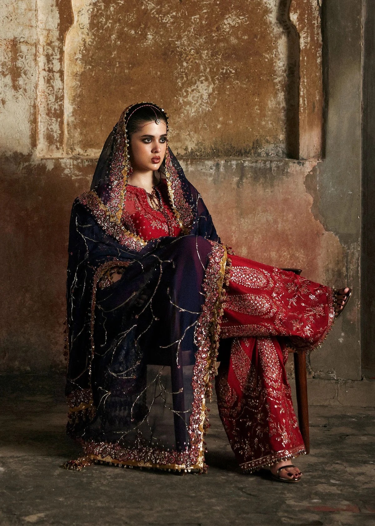 Shahrbano Pakistani fashion outfit in red tones.