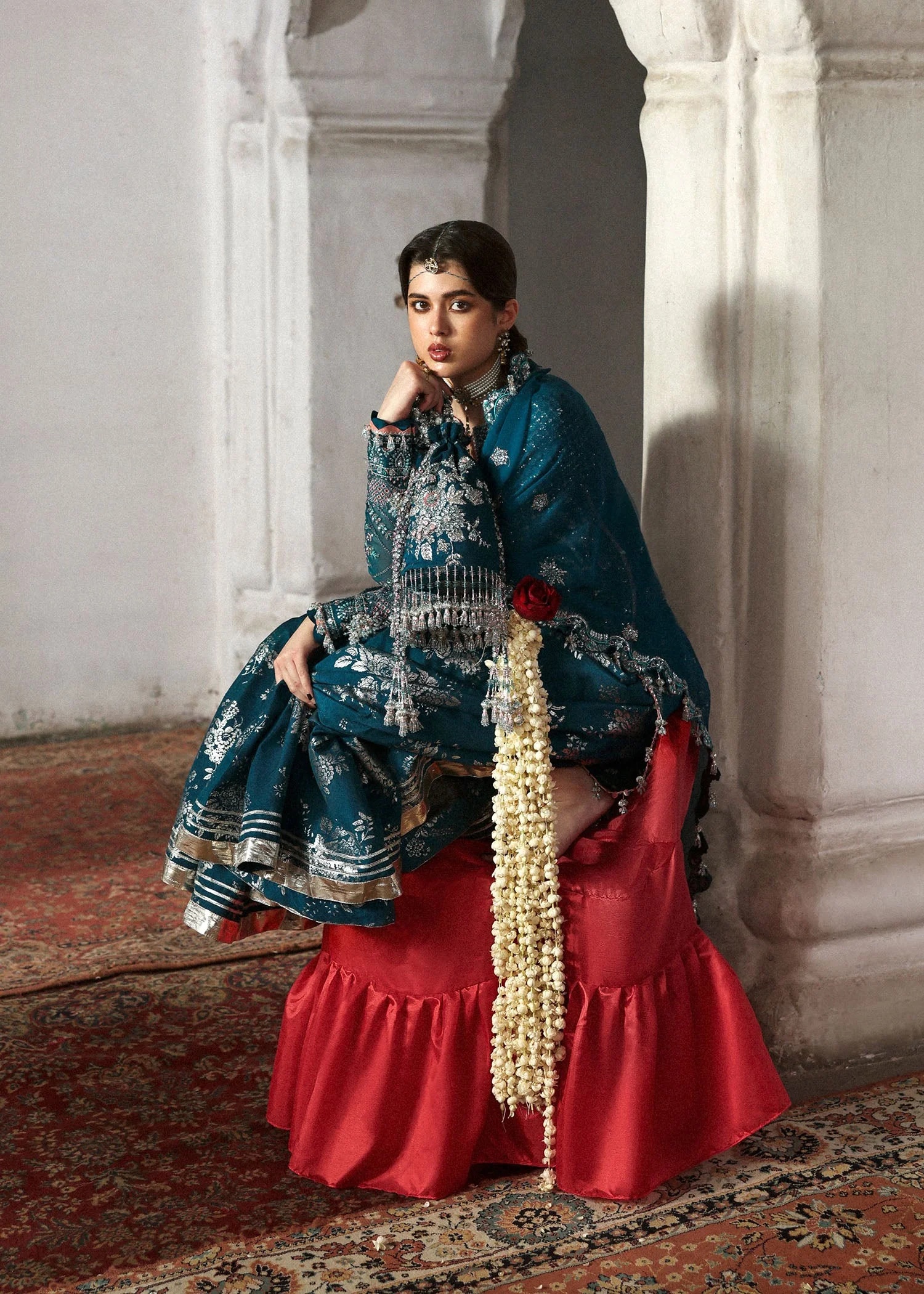 Zebunisa Pakistani fashion outfit in teal tones.
