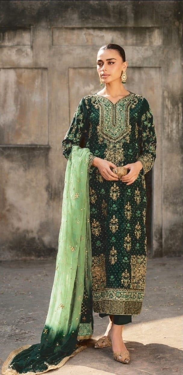 Zohra(GREEN) pakistani fashion outfit in green tones.