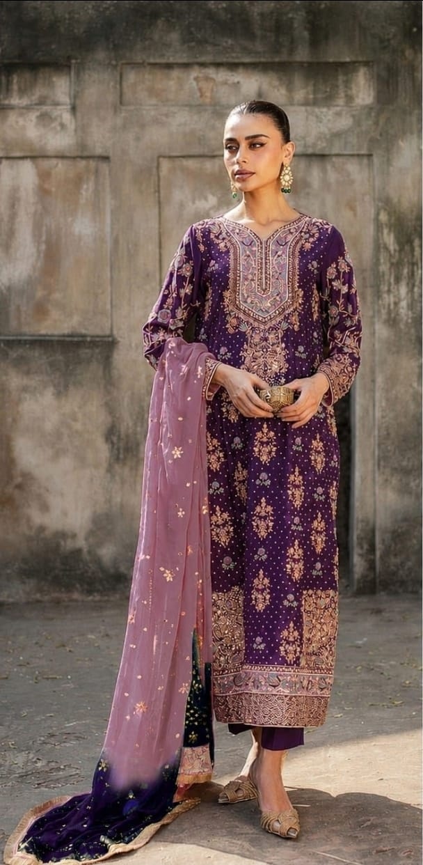 Zohra(PURPLE) pakistani fashion outfit in purple tones.